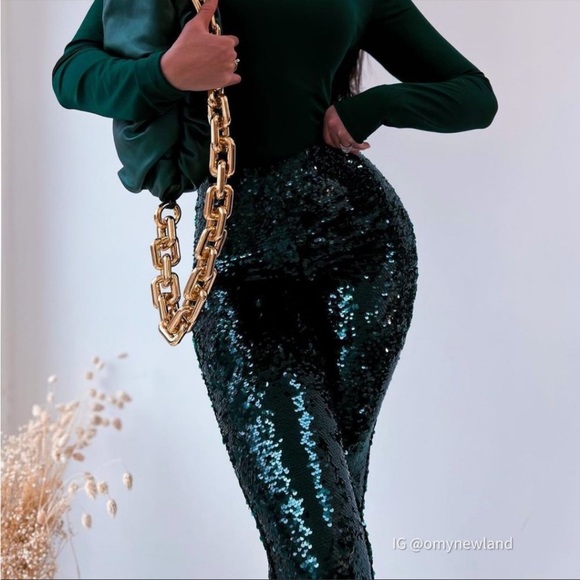 ZARA NWT BLOGGER FAVE Emerald Green Sequin Flare Leg Pants Holiday Party Pants - Picture 10 of 17